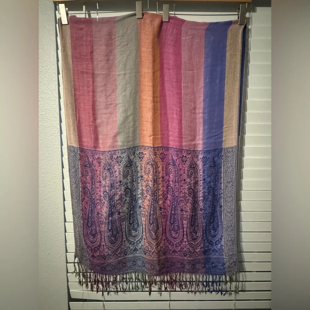 Pashmina Silk Blend Paisley Shawl Scarf Fringe Multicolor Wrap